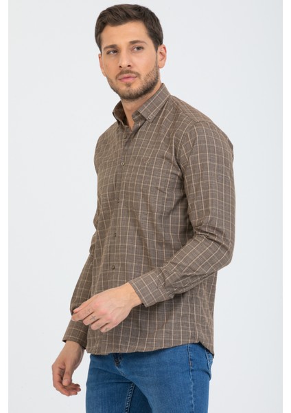 Erkek Kahverengi Kareli Uzun Kol Cepli Yaka Düğmeli Gömlek fiyatları