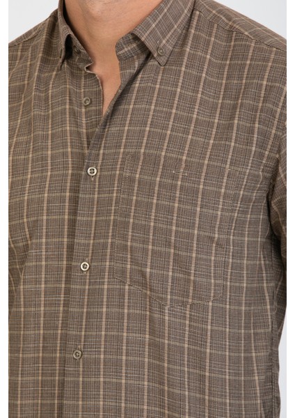 Erkek Kahverengi Kareli Uzun Kol Cepli Yaka Düğmeli Gömlek modelleri