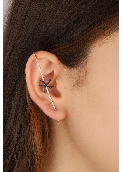 Siyah Taşlı Yaldız Kulaktan Tam Geçmeli Gümüş Kıkırdak Küpe