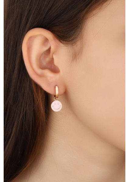 Pembe Mineli Gülen Emoji Gümüş Küpe