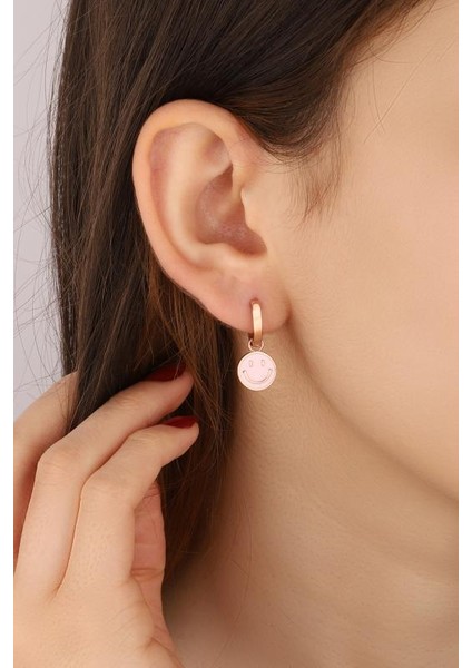 Pembe Mineli Gülen Emoji Gümüş Küpe fırsatları