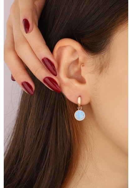 Mavi Mineli Gülen Emoji Gümüş Küpe