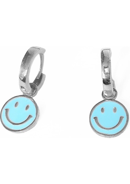 Mavi Mineli Gülen Emoji Gümüş Küpe modelleri