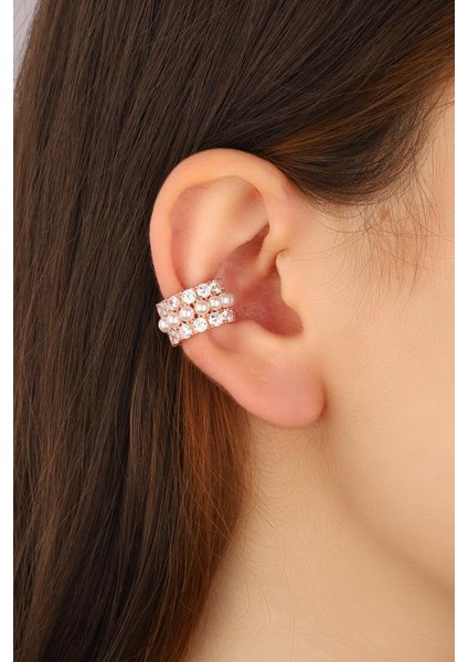 Incili Gümüş Kalın Kıkırdak Küpe