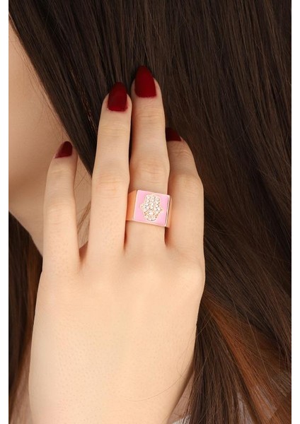 Pembe Mineli Fatma Ana Eli Gümüş Kare Yüzük