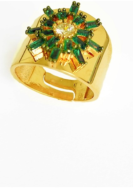 Yeşil Baget Taşlı Kalın Güneş Gümüş Yüzük fiyatları