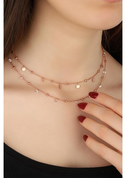 Sarkık Pullu Taşlı 2’li Gümüş Choker Kolye