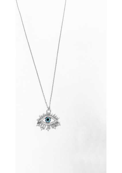 Aqua Marin Taşlı Kirpikli Göz Gümüş Kolye