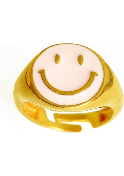 Pembe Mineli Gülen Emojili Gümüş Yüzük