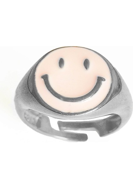Pembe Mineli Gülen Emojili Gümüş Yüzük modelleri