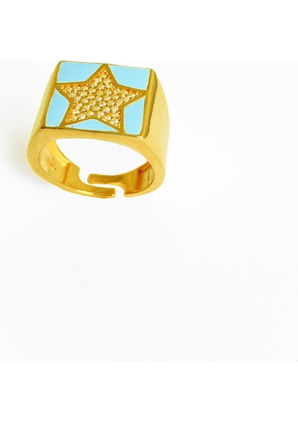 Turkuaz Mineli Yıldız Gümüş Kare Yüzük