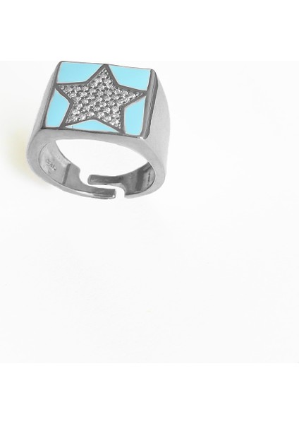 Turkuaz Mineli Yıldız Gümüş Kare Yüzük modelleri