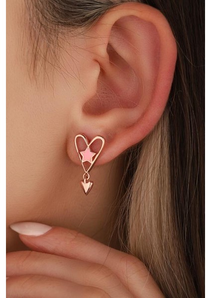 Mineli Yıldızlı Sallanan Kalpli Gümüş Küpe