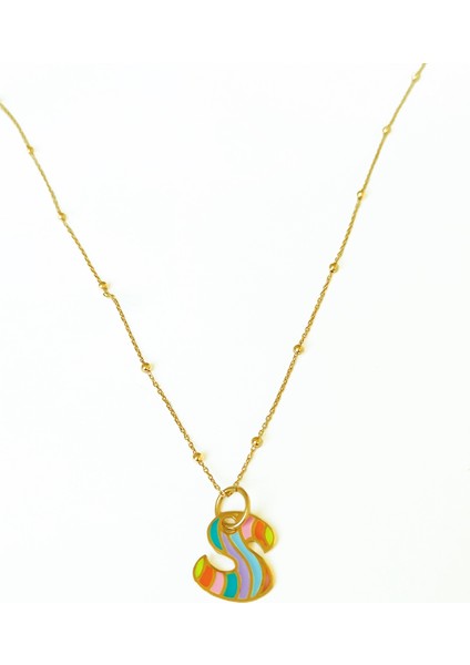 Gökkuşağı Renkli Mineli Taşsız Gümüş Harf Kolye - Gold- S