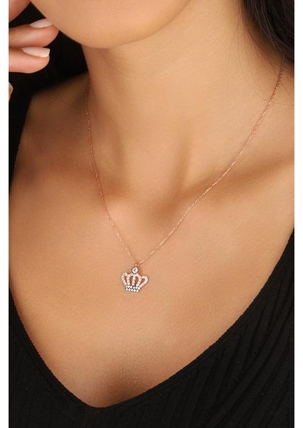 Zirkon Taşlı Kral Tacı Gümüş Kolye