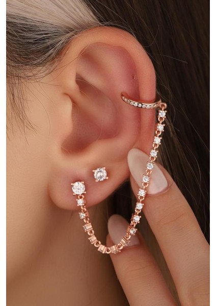 Kıkırdaktan Geçmeli Taşlı Gümüş Zincir Küpe