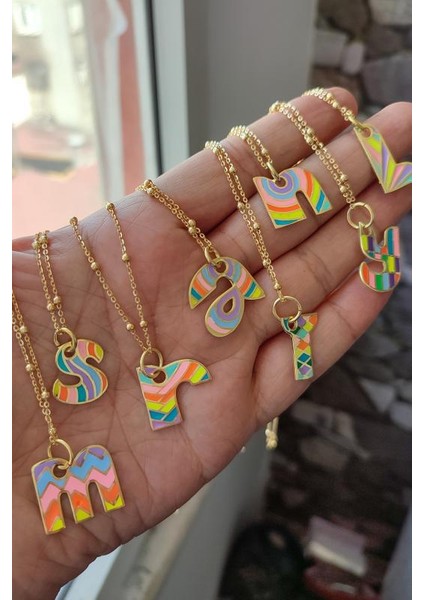 Gökkuşağı Renkli Mineli Taşsız Gümüş Harf Kolye - Gold- S fırsatları