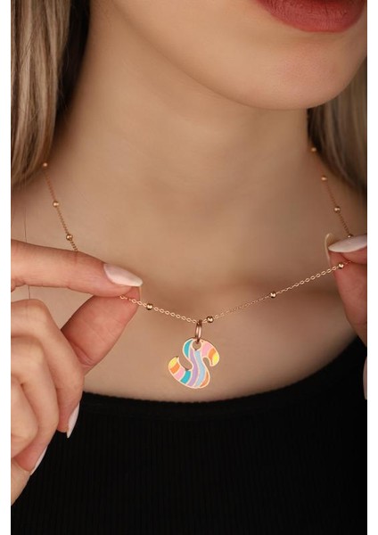 Gökkuşağı Renkli Mineli Taşsız Gümüş Harf Kolye - Gold- S indirimleri