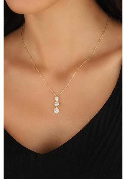 Dikey Üç Taşlı Gümüş Kolye