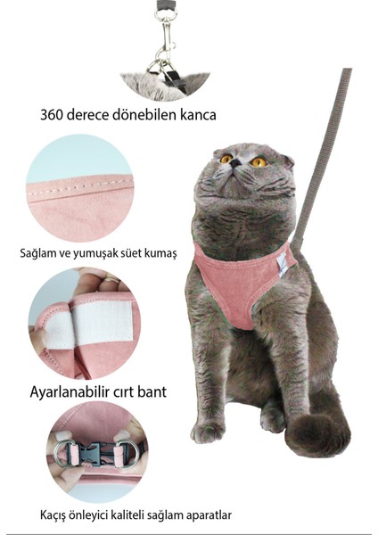 Kedi Tasması Göğüs Tasma Seti Yumuşak Süet Pudra Renk