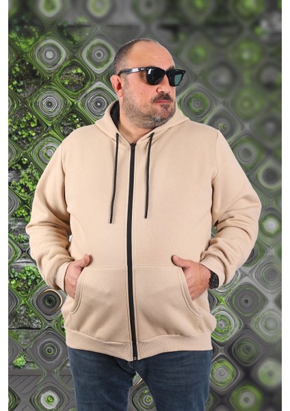 Mocgrande Büyük Beden Unisex Kapüşonlu 3ip Sweat 11701 Bej