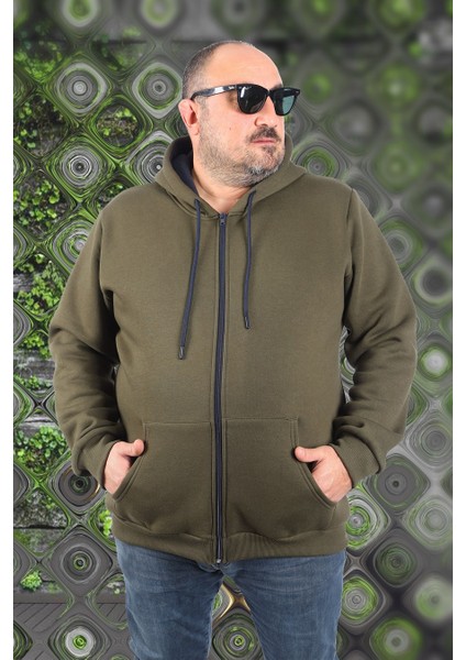 Mocgrande Büyük Beden Unisex Kapüşonlu 3ip Sweat 11701 Hakı