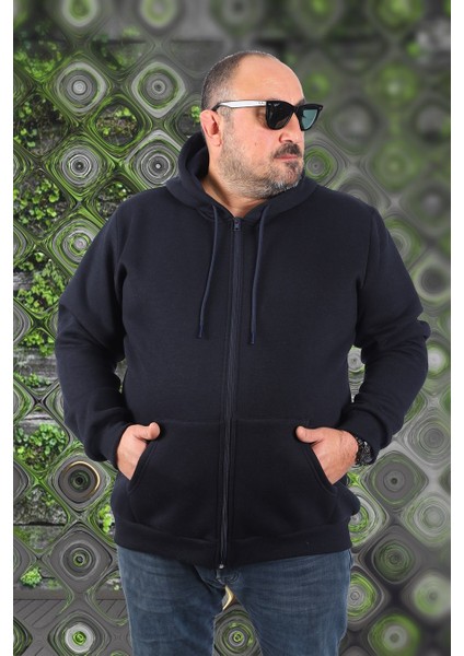 Mocgrande Büyük Beden Unisex Kapüşonlu 3ip Sweat 11701 Koyu Lacivert