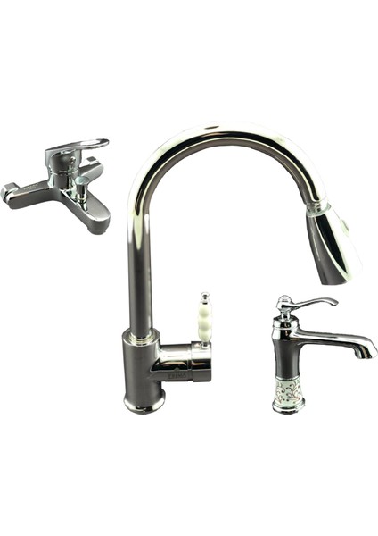 Gizli Spiralli Mutfak Eviye Bataryası - Banyo Bataryası - Lavabo Bataryası 3’lü Set Krom Renk