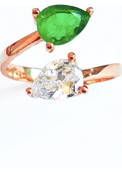 Renkli Çift Damla Taşlı Kıvrımlı Gümüş Yüzük