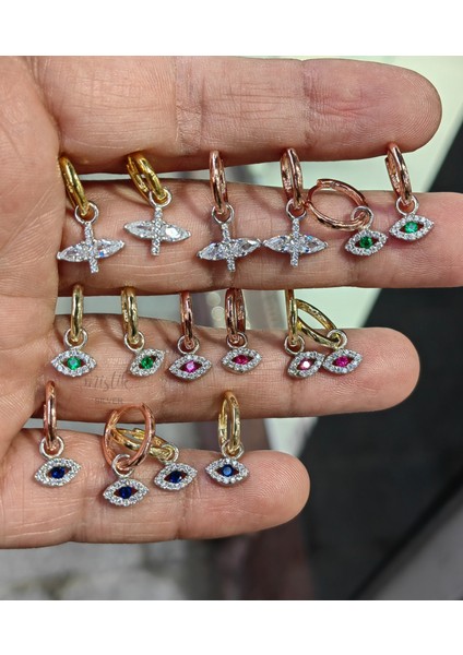 Sallantılı Renkli Zirkon Taşlı Göz Gümüş Küpe modelleri
