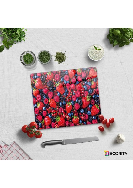 Mor Ve Kırmızı Meyveler | Cam Kesme Tahtası - Cam Kesme Tablası | 20cm X 30cm