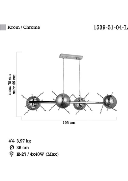 Lumeno 4 Lü Sıralı Krom Avize 4XE27