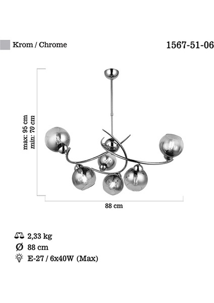 Hedra 6 Lı Krom Sarkıt Avize 6XE27