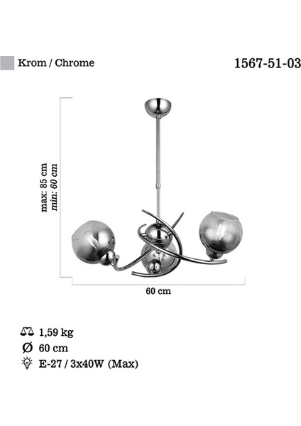 Hedra 3 Lü Krom Sarkıt Avize 3XE27