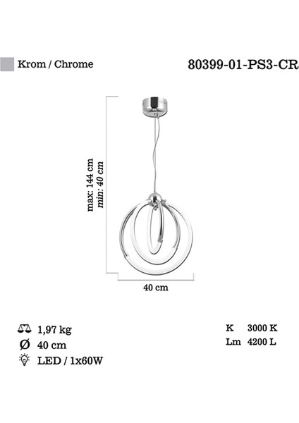 Guıda Küçük Boy Ledli 3 Lü Krom Avize 60W 3000K