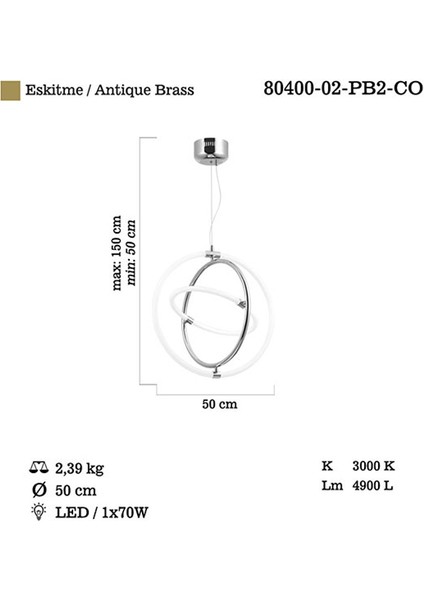 Almonte Büyük Boy Ledli 2 Li Krom Avize 70W 3000K