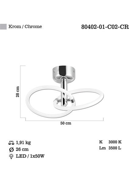 Sedna 2 Li Ledli Krom Plafonyer 50W 3000K