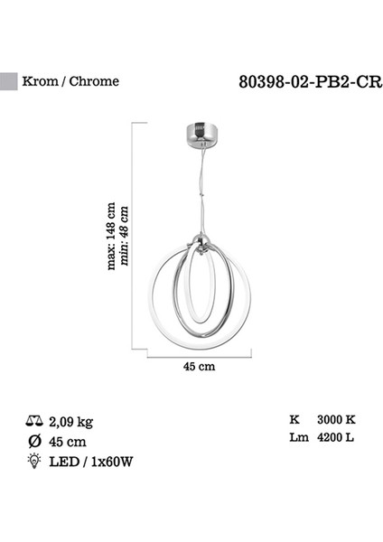 Nelas B.boy Ledli 2 Li Krom Avize 60W 3000K