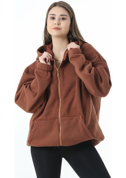 Unisex Oversize Fermuarlı Kapüşonlu Yumuşak Dokulu Sweatsihrt