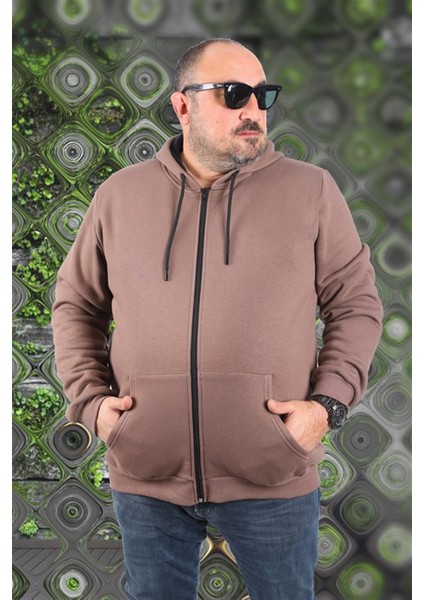 Büyük Beden Unisex Kapüşonlu 3ip Sweat 11701 Taba