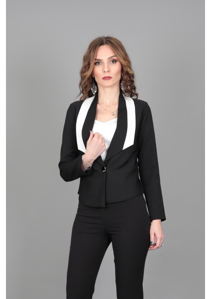 Şeritli Mini Ceket-Siyah