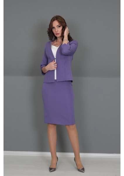 V Yaka Boydan Kuplu Kısa Ceket & Düz Dar Etek-Lila