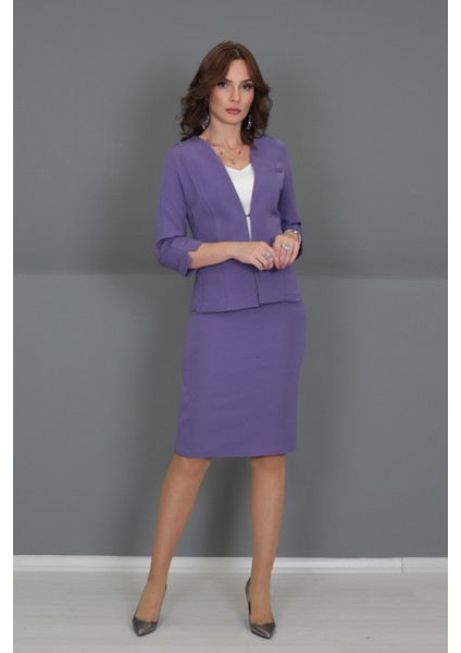 V Yaka Boydan Kuplu Kısa Ceket & Düz Dar Etek-Lila fiyatları