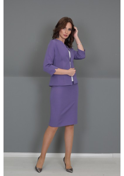 V Yaka Boydan Kuplu Kısa Ceket & Düz Dar Etek-Lila modelleri