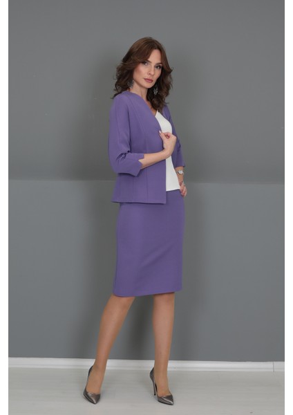 V Yaka Boydan Kuplu Kısa Ceket & Düz Dar Etek-Lila fırsatları