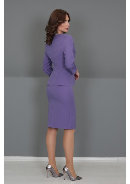 V Yaka Boydan Kuplu Kısa Ceket & Düz Dar Etek-Lila indirimleri