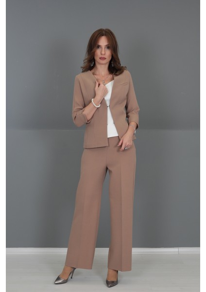 V Yaka Boydan Kuplu Kısa Ceket & Bol Paça Pantolon-Karamel fiyatları