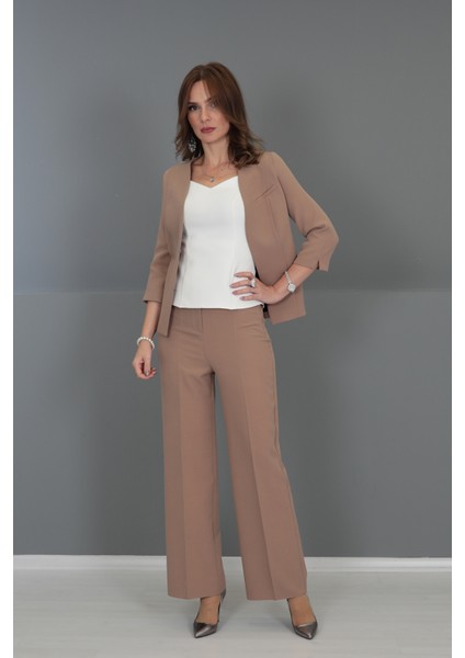 V Yaka Boydan Kuplu Kısa Ceket & Bol Paça Pantolon-Karamel modelleri