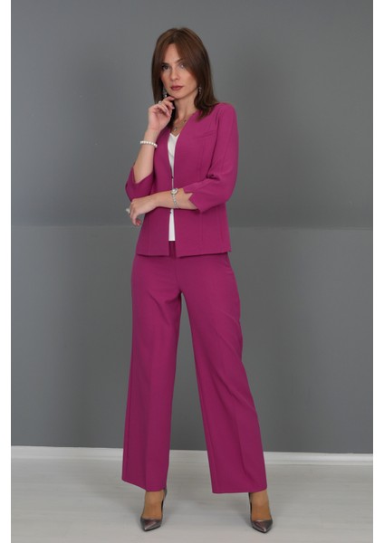 V Yaka Boydan Kuplu Kısa Ceket & Bol Paça Pantolon-Fuşya