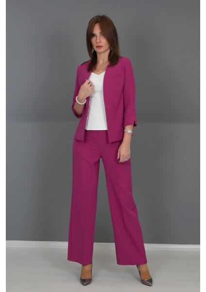 V Yaka Boydan Kuplu Kısa Ceket & Bol Paça Pantolon-Fuşya modelleri